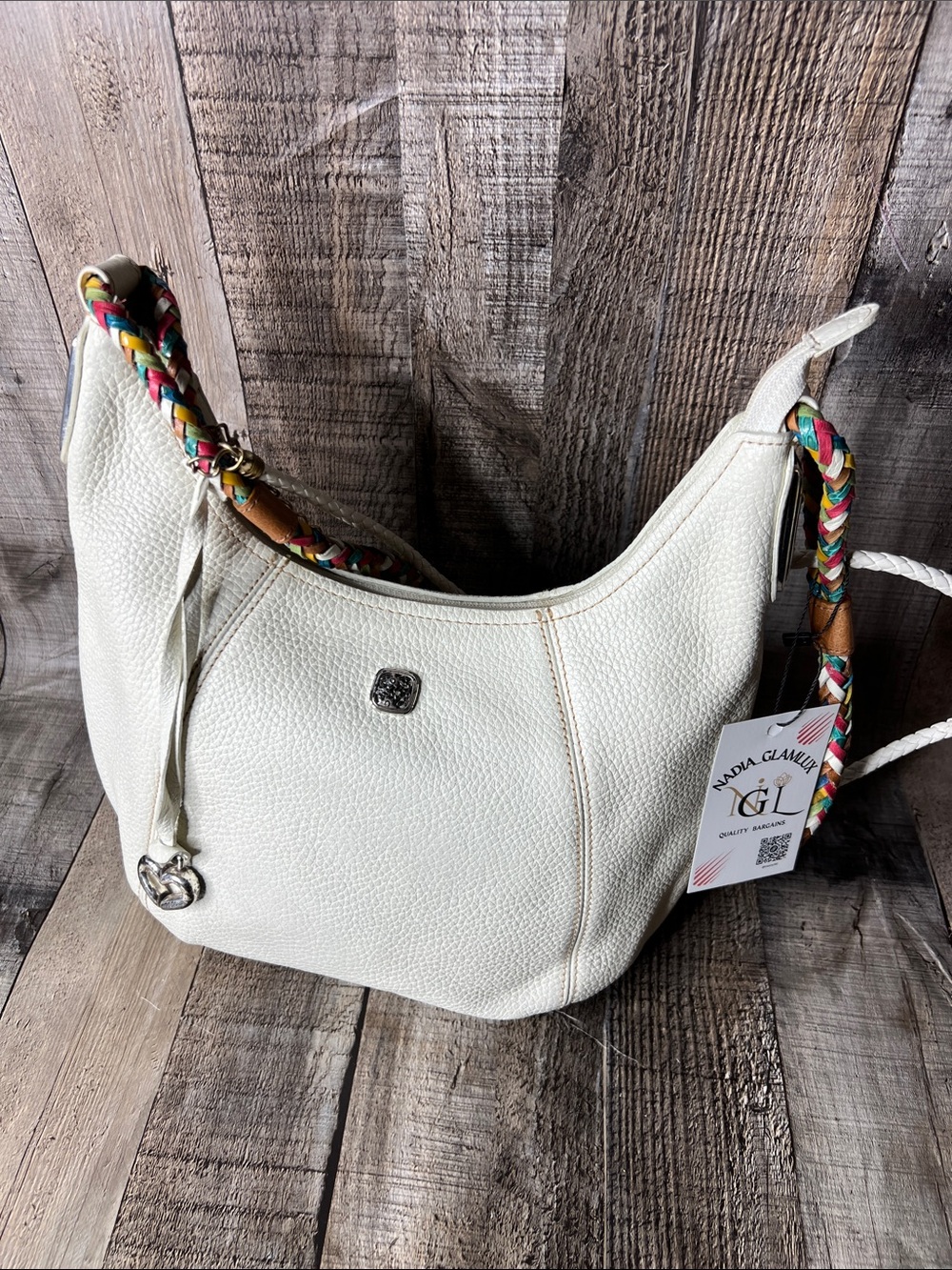 Brighton White Pebbled Leather Hobo with Multicolor Braided Strap